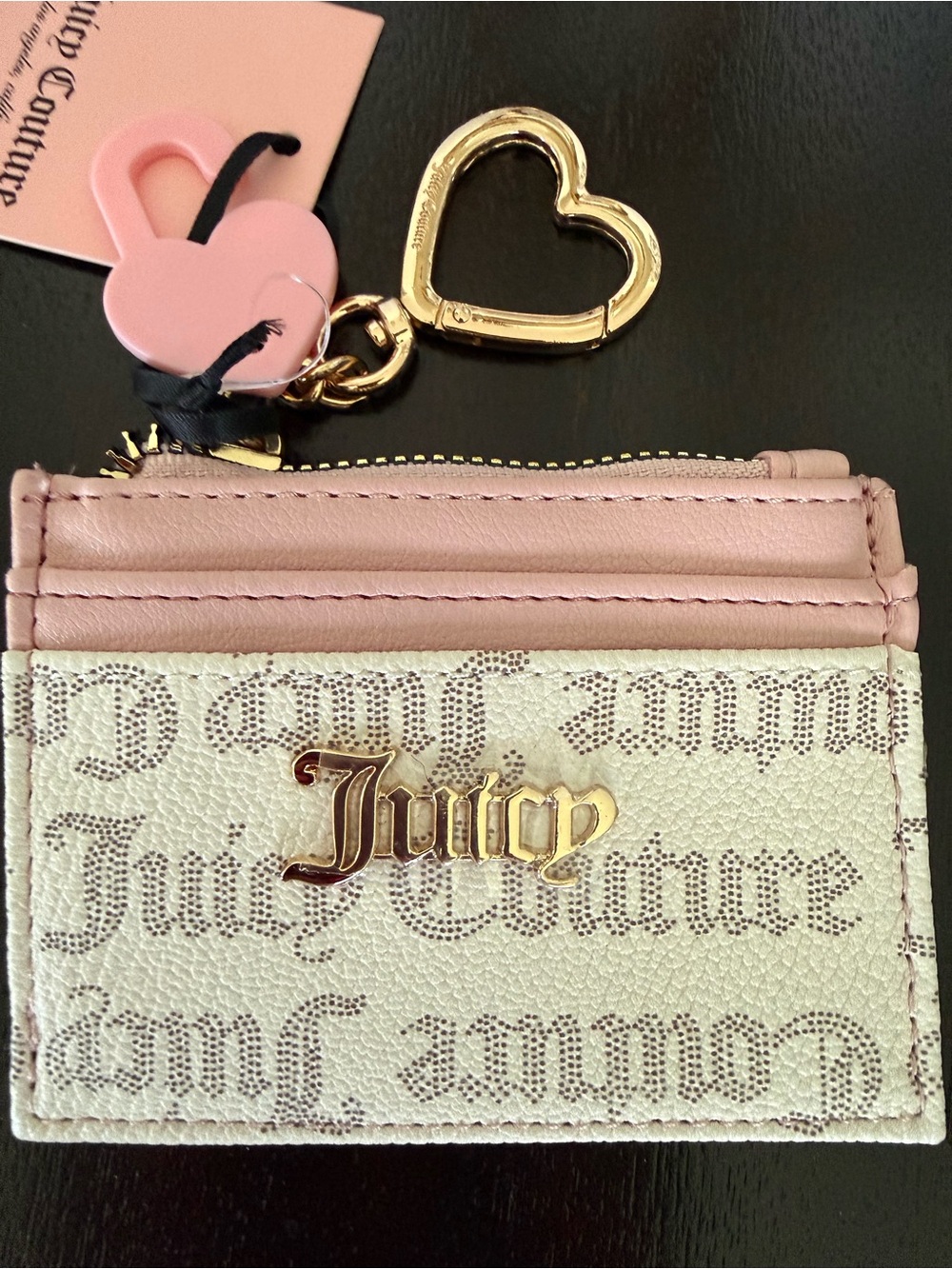 Juicy Couture Pink & Cream Monogram Card Case with Heart Keyring
